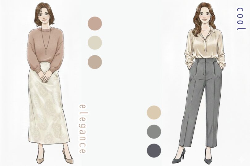 ベーシックカラーを基調としたファッションを着こなす二人の女性のイラスト。左はヌーディーカラーのカシミヤ紺ニット×エレガンスなスカートコーデ、右はベーシックカラーのシルクシャツ×スタイリッシュなパンツコーデ。
