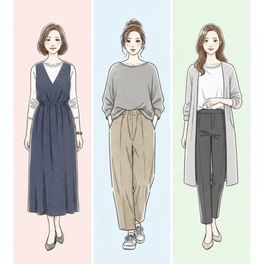 縦のIラインを強調した着痩せスタイリング例。左はVネックのIラインワンピース、真ん中はセンタープレスパンツ、右はロングカーディガンで着やせ効果を狙う女性。