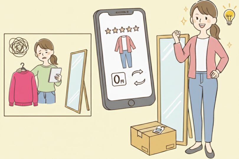 サポートの充実した通販サイトで、服選びを成功させた女性のイラスト