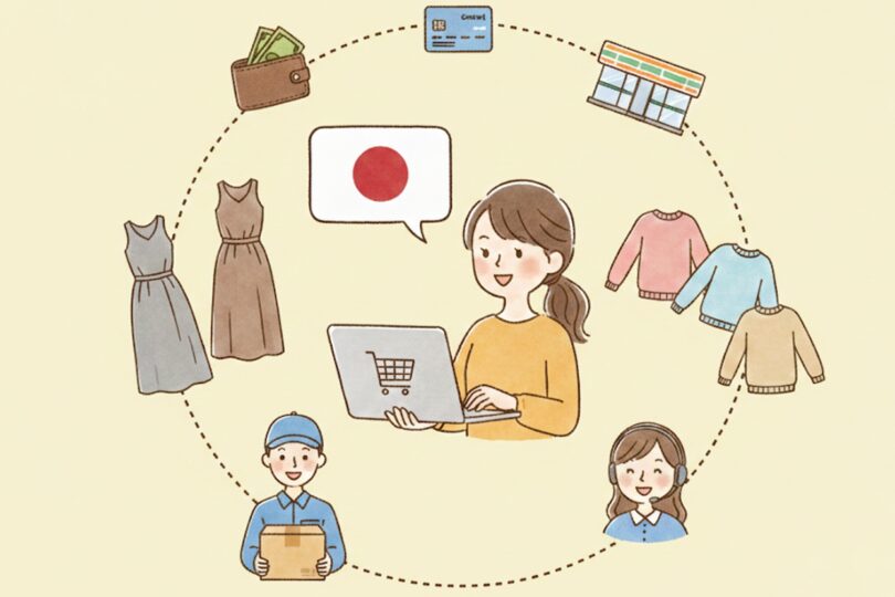 日本基準のサイズや日本語対応のコールセンター、多彩な支払い方法が選べる国内通販の安全性をアピールするイラスト