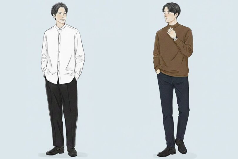 40代のきれいめメンズファッション。白のバンドカラーシャツやモカブラウンのモックネックで作る、好印象で洗練されたシンプルスタイル