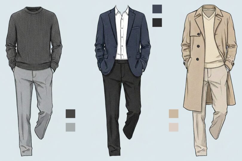 40代のグレー・ネイビー・ベージュによるワントーンコーデ。都会的で洗練されたメンズファッション