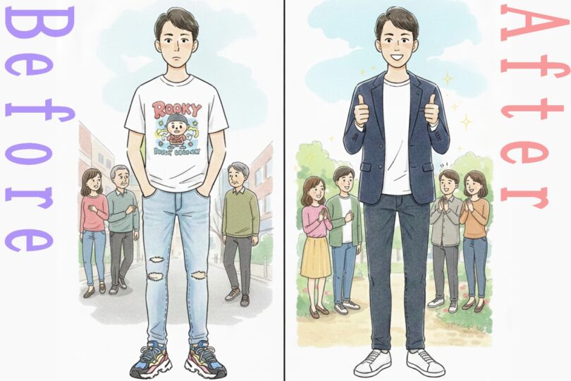 40代男性に似合うきれいめカジュアルコーデの紹介画像。左はカジュアル過ぎるコーデで周りが困惑している様子のイラスト、右はジャケットにデニム、白いスニーカーで「きれカジ」コーデに成功しているイラスト。