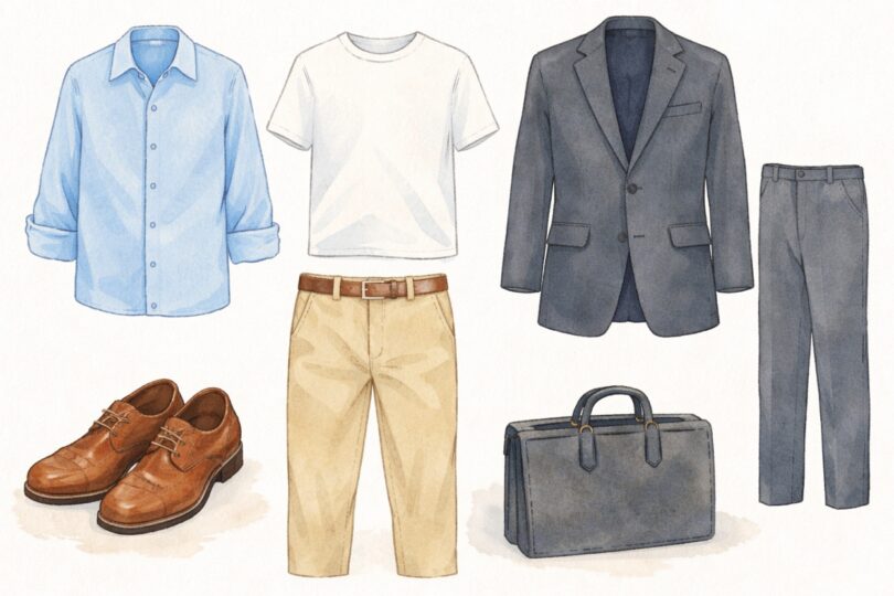 40代男性向けの清潔感あるビジネスカジュアル・基本アイテム一覧。ブルーのシャツ、白Tシャツ、グレーのジャケット、ベージュのチノパン、グレーのスラックス、茶のレザーシューズ、黒のビジネスバッグ。シンプルで汎用性の高い、大人の男性のためのスマートなワードローブ例。