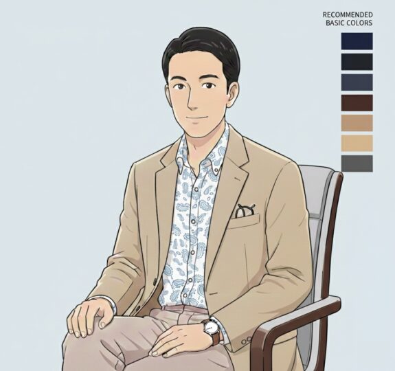 ライトベージュのジャケットと、白地に水色の控えめなペイズリー柄のワイシャツを着こなす40代男性の上品カジュアル。