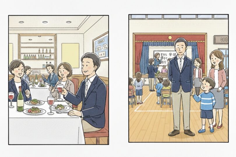 「テーラードジャケット＋シャツ＋チノパン」のコーデで、会食や子どもの学校行事に参加する男性のイラスト。